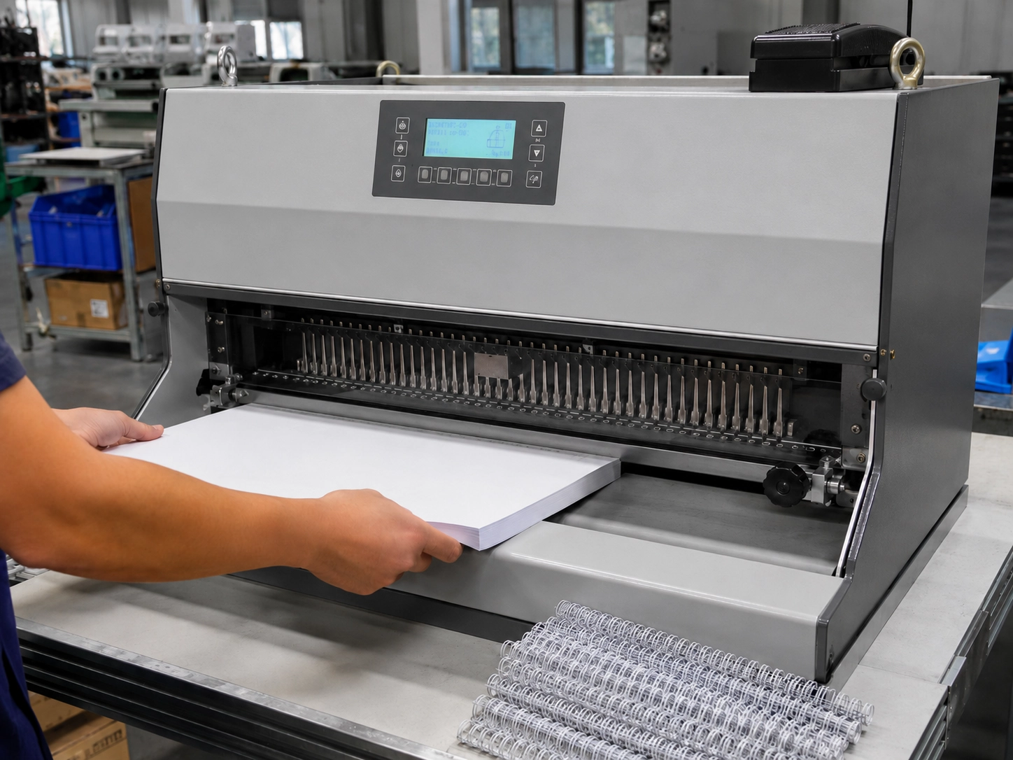 Electric wire binding machine in use, demonstrating efficient high-volume document punching and consistent hole registration