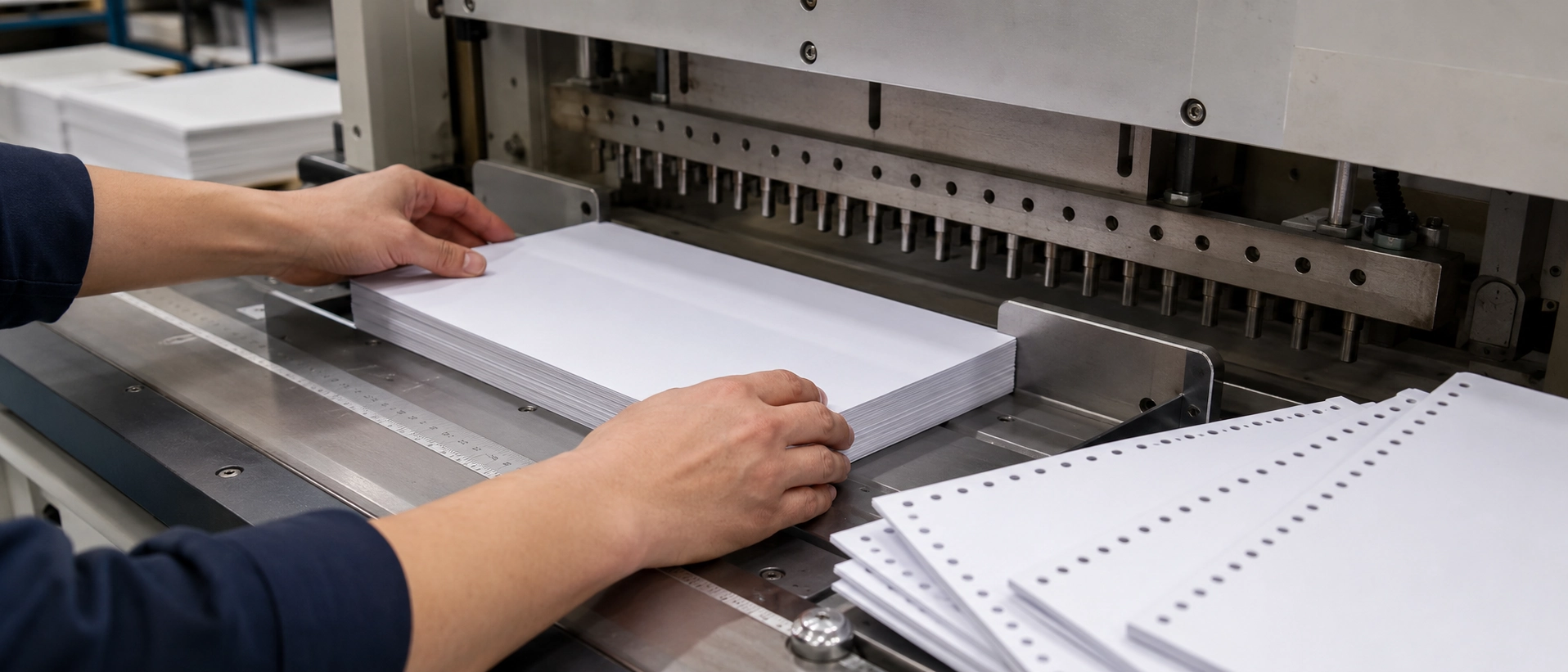 Production spiral binding setup showing careful registration of paper stack for perfect hole alignment Production spiral binding setup showing careful registration of paper stack for perfect hole alignment